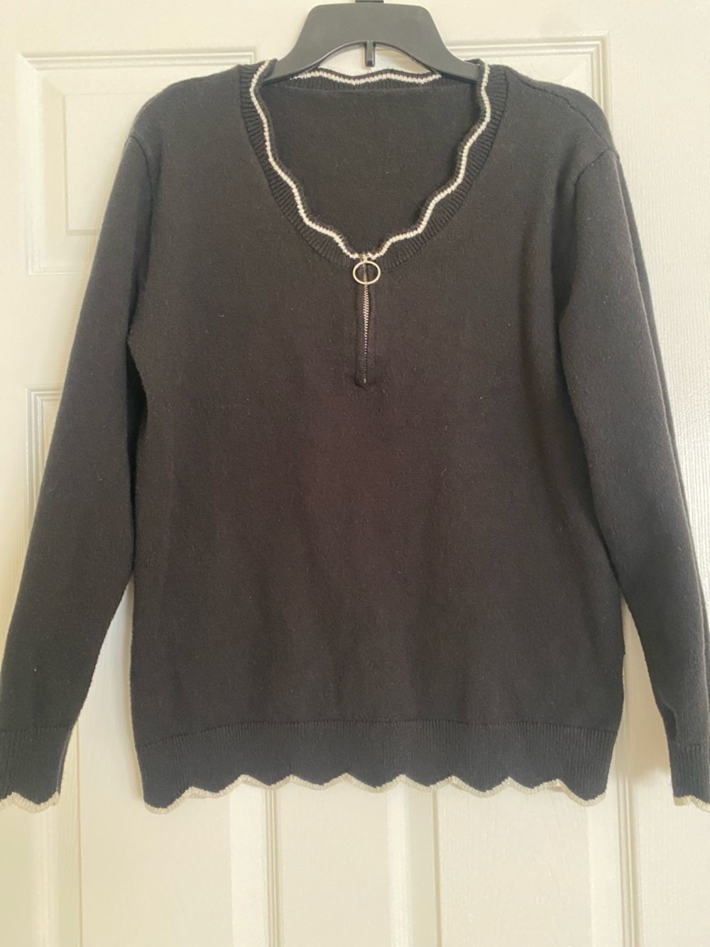 Black Women's Zip-Neck Sweater with Scallop Trim
